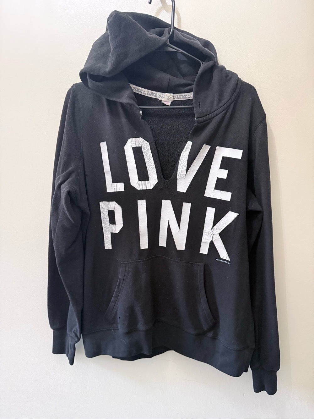 Y2K Victoria’s Secret Pink Black V Neck Pull Over Hoodie Yoga L Boyfriend Fit